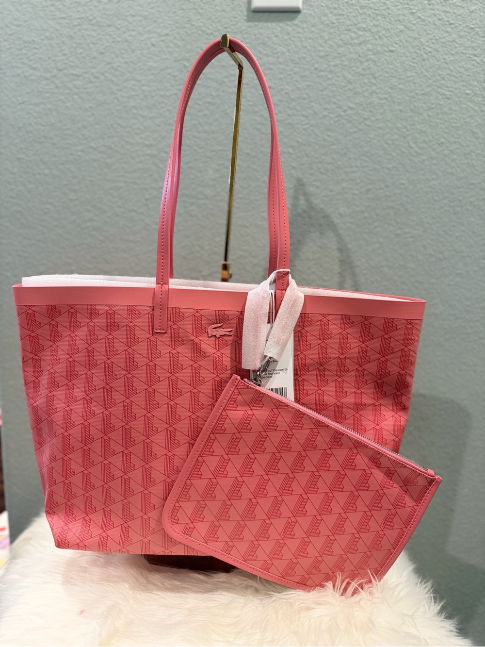 Lacoste Zely Tote Pink Patterned with Matching Wrist Pouch